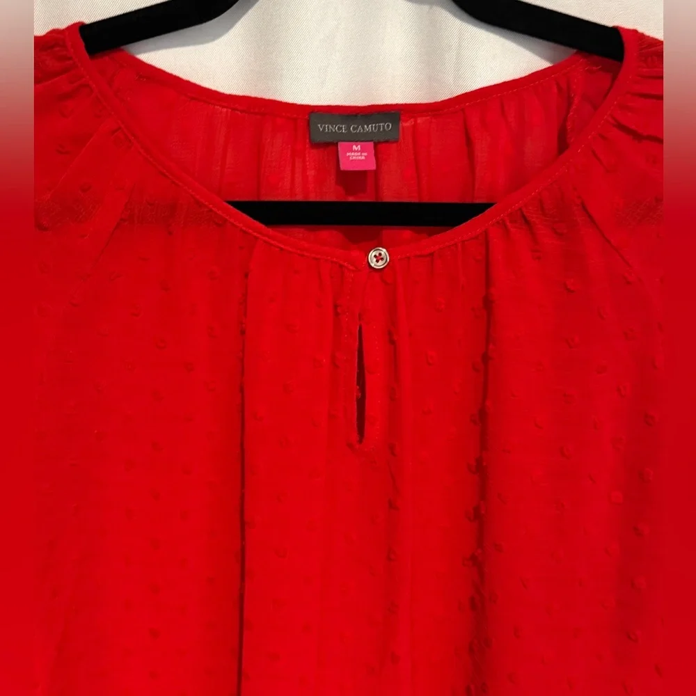 Lot 2 Vince Camuto Tops Red Dot Black Floral Sheer V-neck Blouse Dressy Career M - Picture 4 of 14